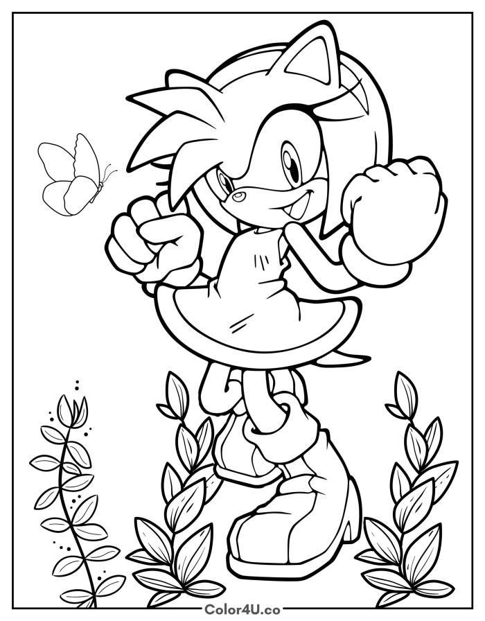 Amy Rose on a walk through the garden, medium Sonic the Hedgehog coloring page, free printable