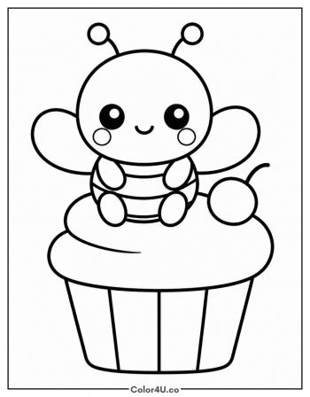 Kawaii Bee on a Cupcake coloring page