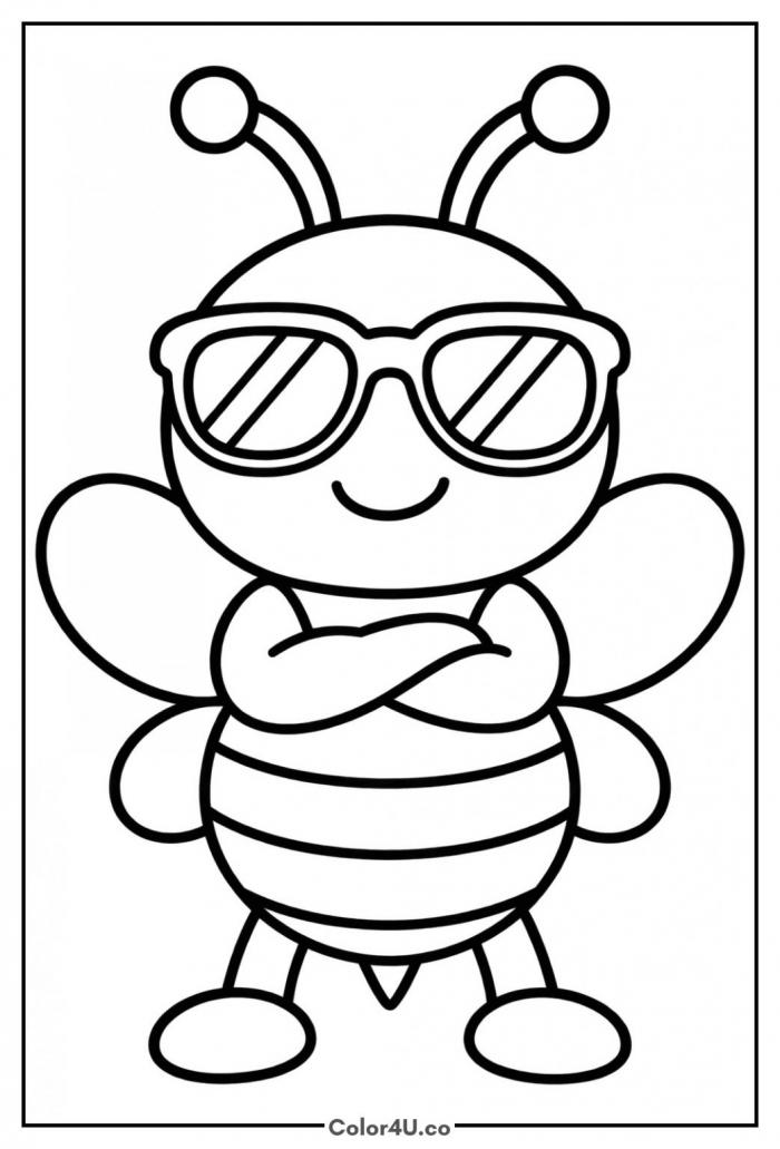 Bee wearing sunglasses with arms crossed, easy bee coloring page, free printable