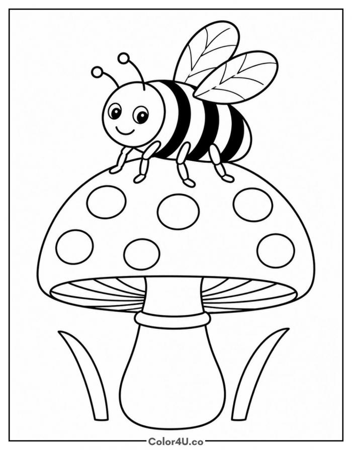 Bumblebee standing on a spotted mushroom, medium bee coloring page, free printable