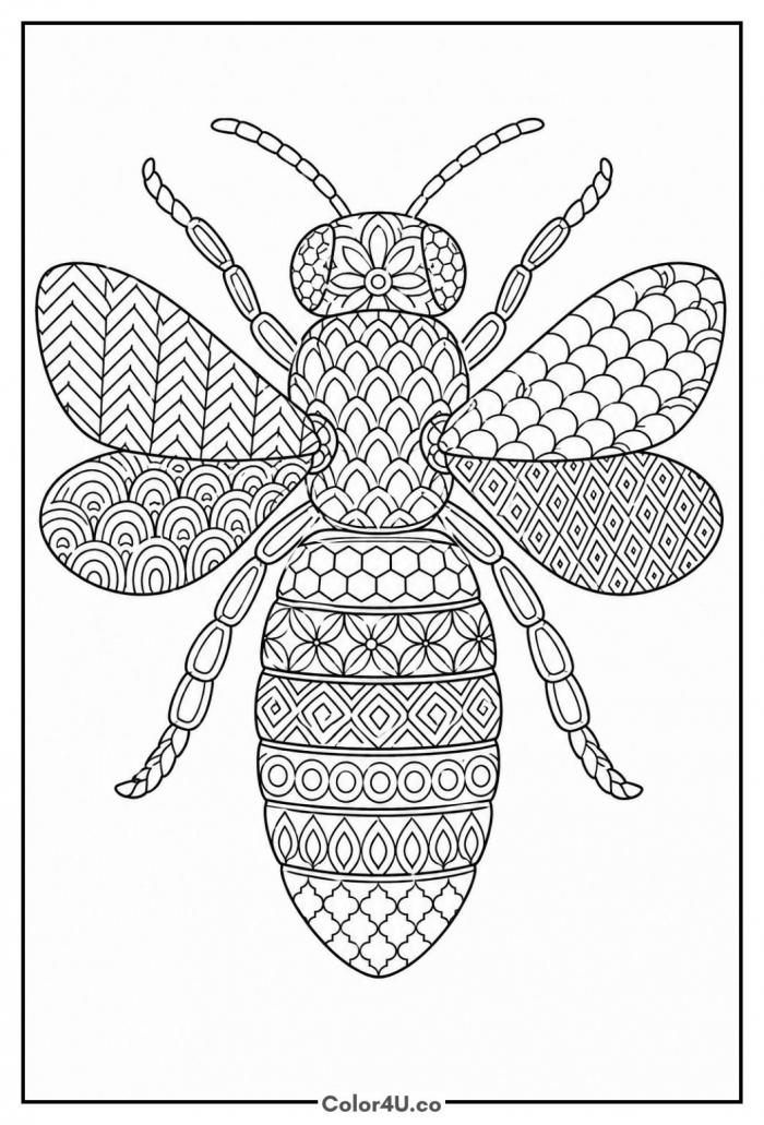 Ornamental bee with patterned wings and body, detailed bee coloring page, free printable