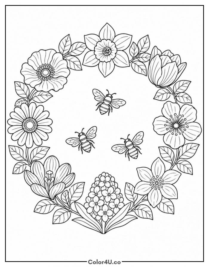 Spring flower wreath with three bees in the center, detailed bee coloring page, free printable
