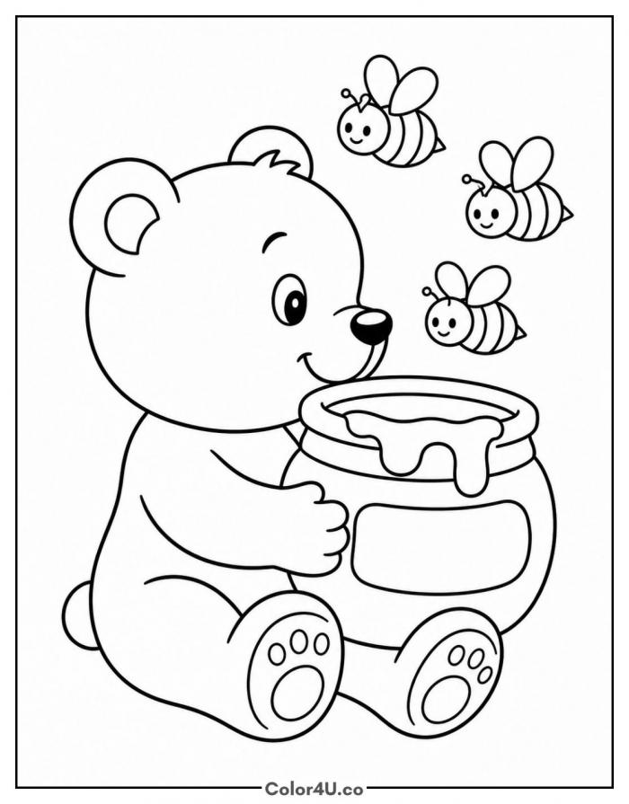 Bear cub holding a honey pot with three bees, medium bee coloring page, free printable