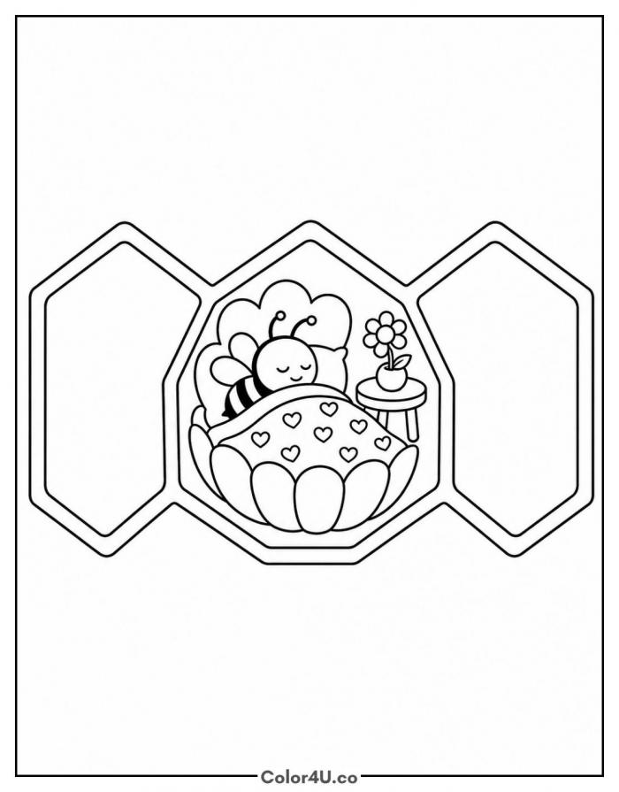 Bee asleep in a honeycomb cell bedroom, medium bee coloring page, free printable