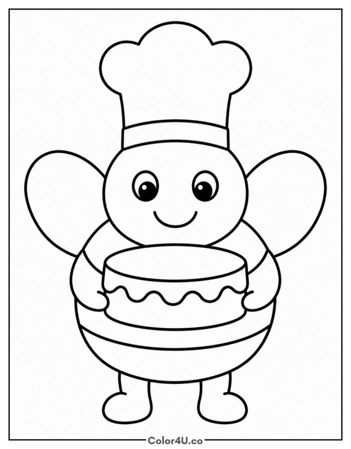 Bee wearing a chef hat holding a cake, easy bee coloring page, free printable