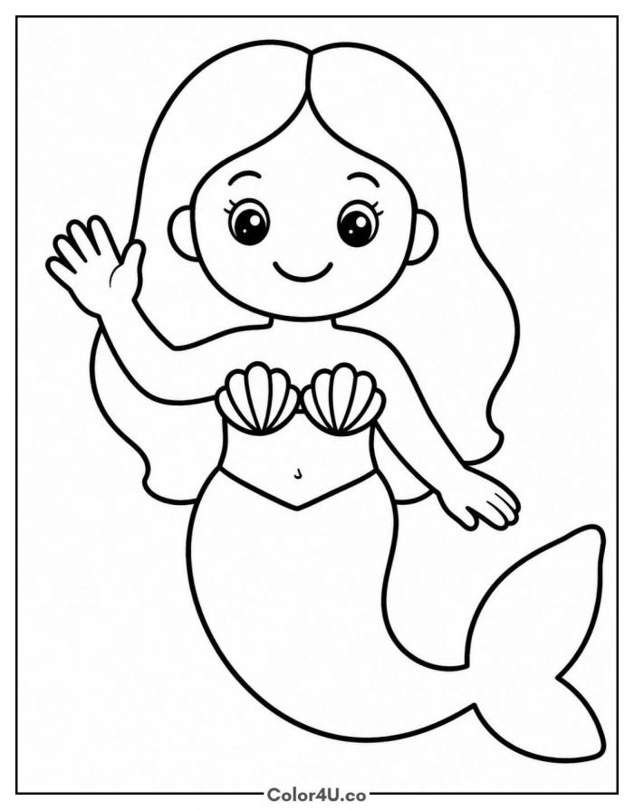 Happy mermaid waving, easy mermaid coloring page, free printable
