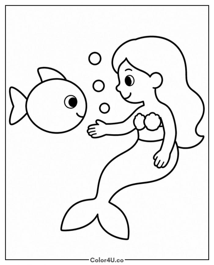 Mermaid greeting a friendly fish, easy mermaid coloring page, free printable