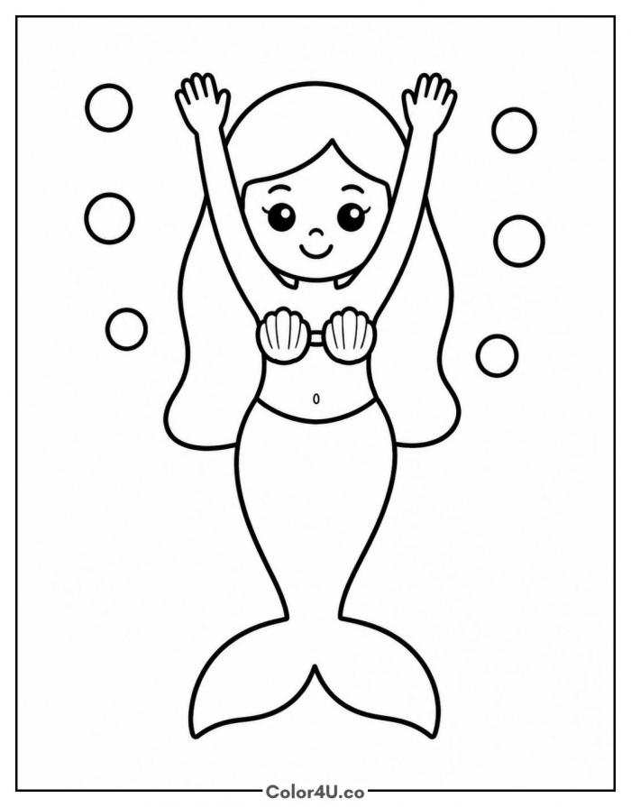 Mermaid with arms raised among bubbles, easy mermaid coloring page, free printable