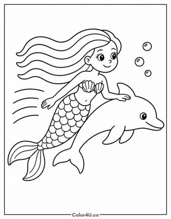 Mermaid Swimming with a Dolphin coloring page