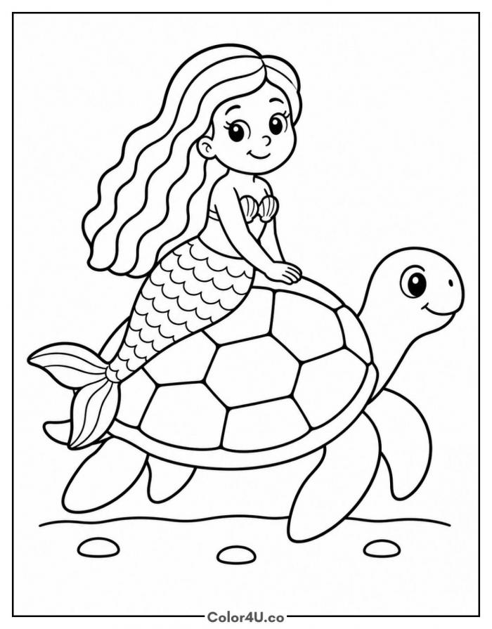 Mermaid riding a sea turtle, medium mermaid coloring page, free printable