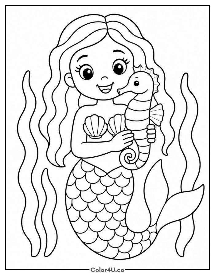 Mermaid holding a striped seahorse, medium mermaid coloring page, free printable