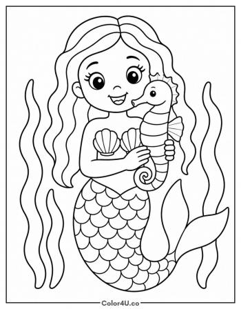 Mermaid with a Seahorse coloring page