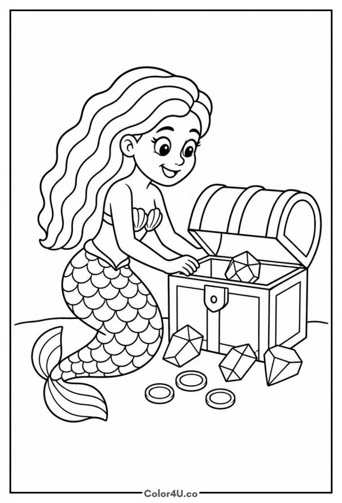 Mermaid opening a treasure chest of gems, medium mermaid coloring page, free printable