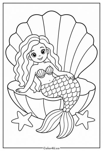 Mermaid Resting in a Clamshell coloring page