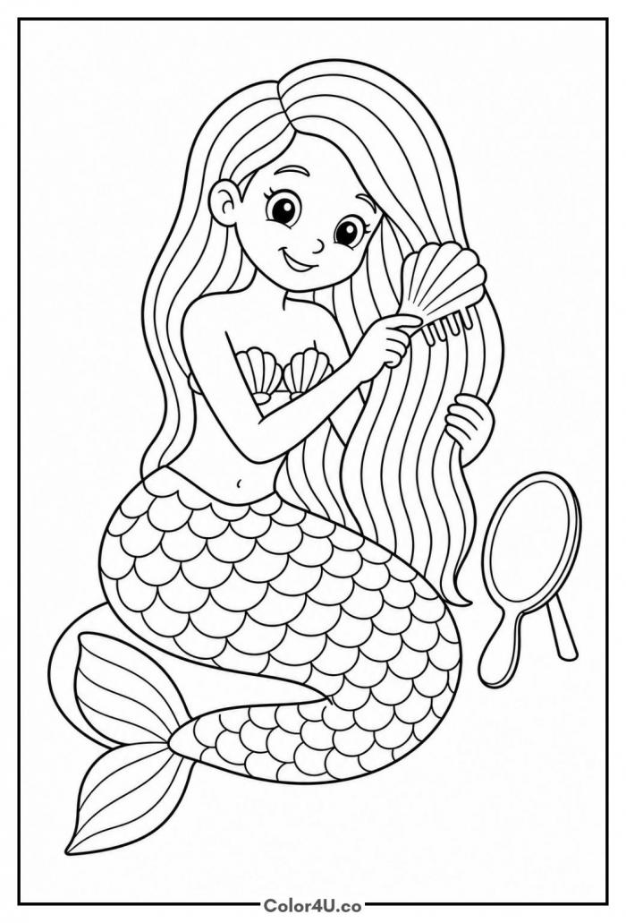 Mermaid brushing her hair with a shell comb, detailed mermaid coloring page, free printable
