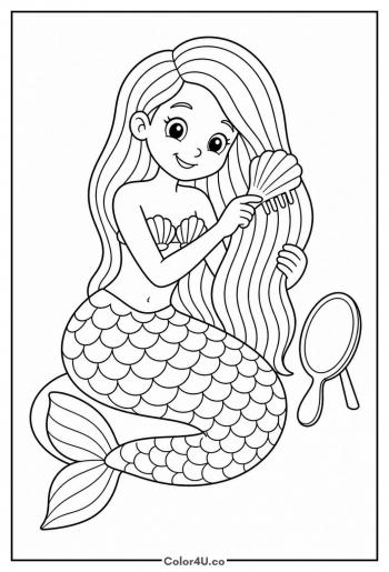 Mermaid Brushing Her Long Hair coloring page