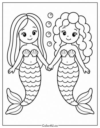Two Mermaid Sisters Swimming coloring page