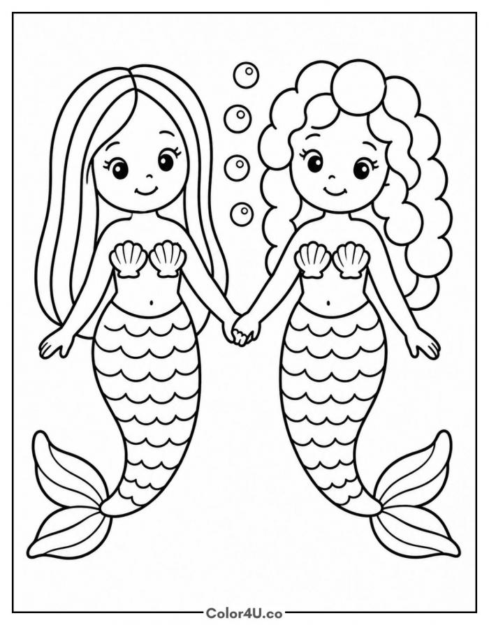 Two mermaid sisters holding hands, medium mermaid coloring page, free printable