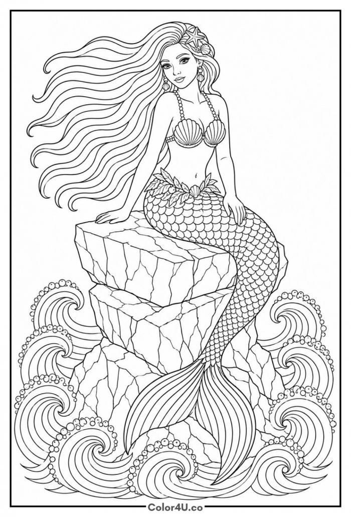 Mermaid on a rock in crashing waves, detailed mermaid coloring page, free printable