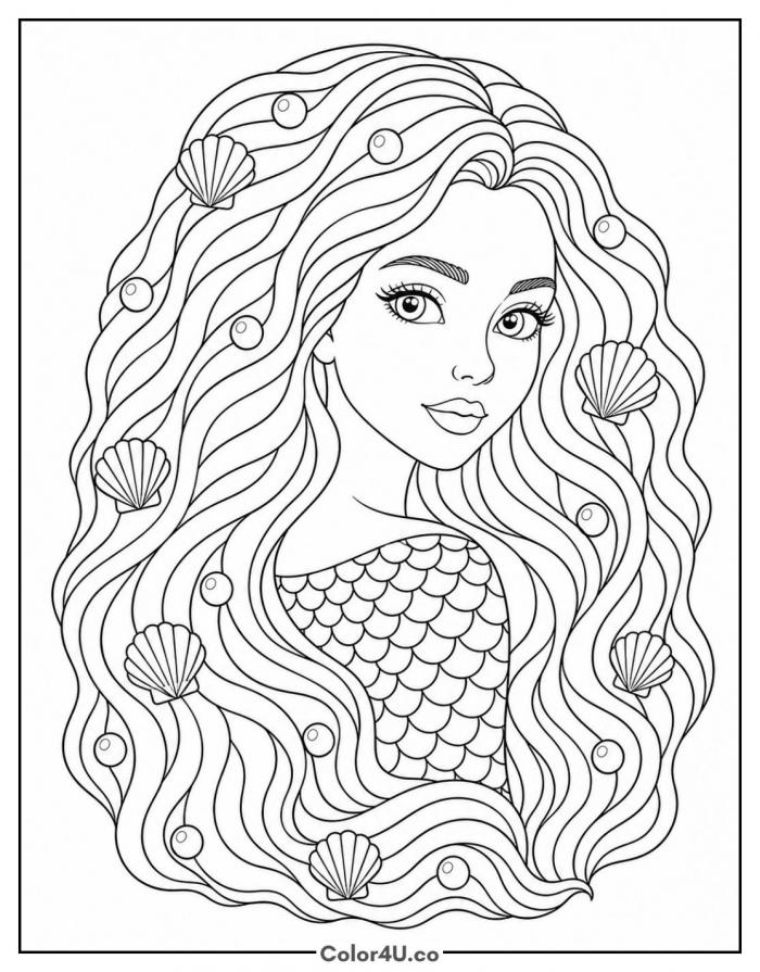 Mermaid portrait with flowing hair, detailed mermaid coloring page, free printable