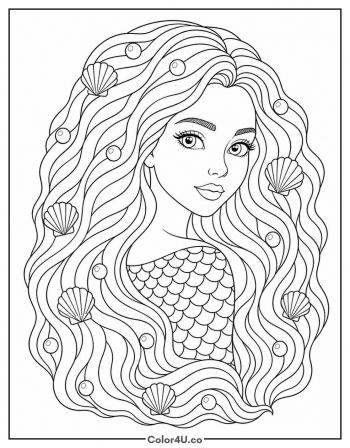 Mermaid Portrait with Flowing Hair coloring page