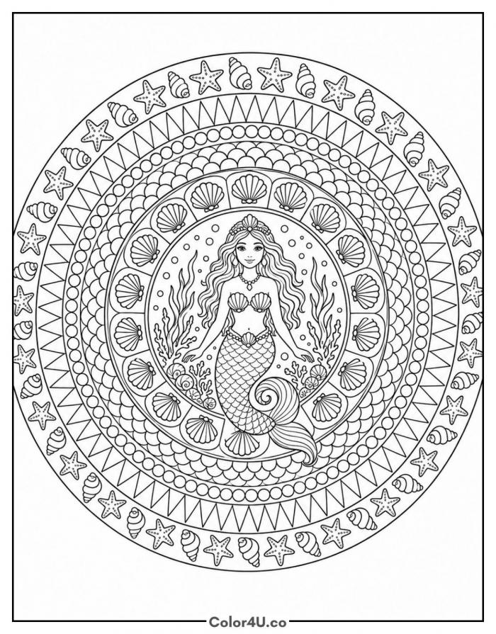 Mermaid mandala with starfish and shell rings, detailed mermaid coloring page, free printable