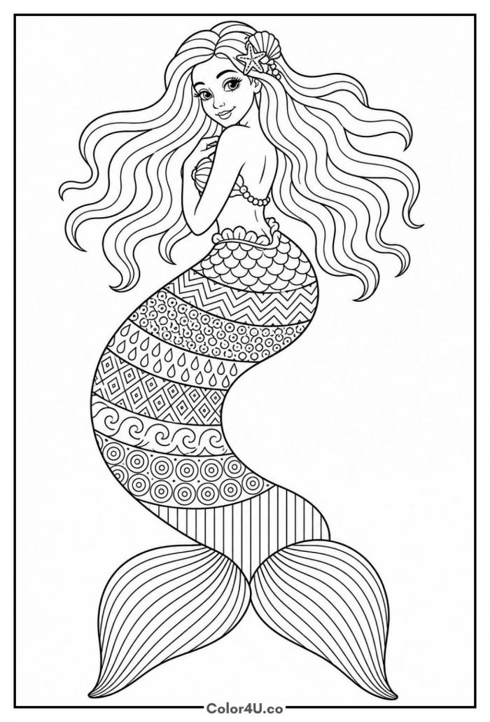 Mermaid with an intricate patterned tail, detailed mermaid coloring page, free printable