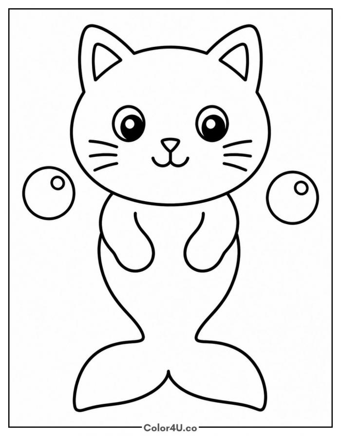 Cat with a mermaid tail, easy mermaid coloring page, free printable