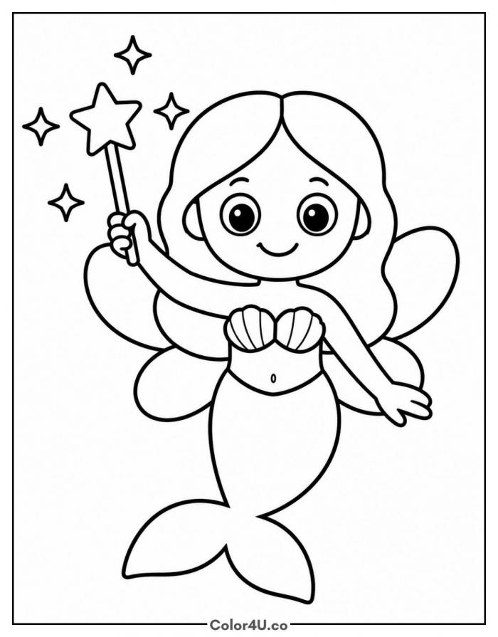 Mermaid fairy holding a star wand, easy mermaid coloring page, free printable