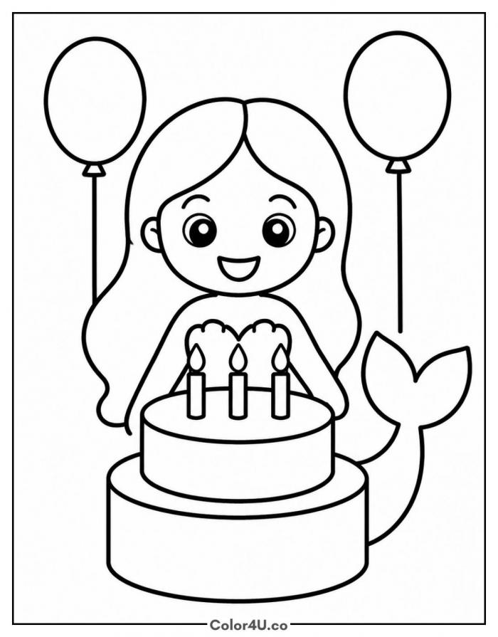 Mermaid behind a birthday cake with candles, easy mermaid coloring page, free printable