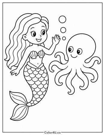 Mermaid Playing with an Octopus coloring page