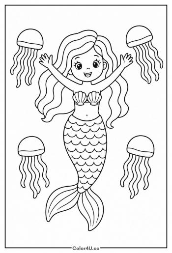 Mermaid Swimming with Jellyfish coloring page