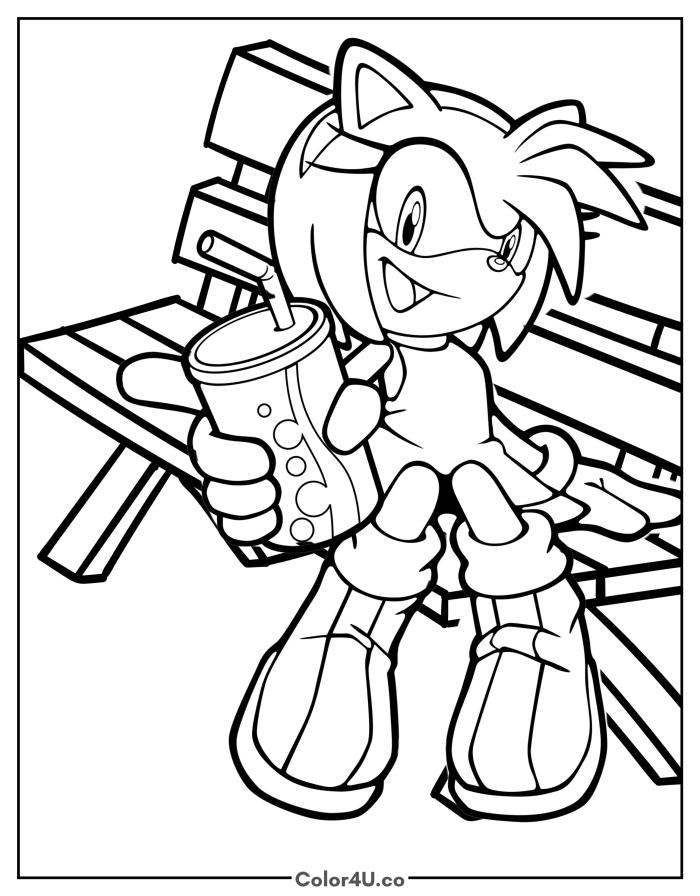Amy Rose sitting on a bench holding a bubble drink, medium Sonic the Hedgehog coloring page, free printable
