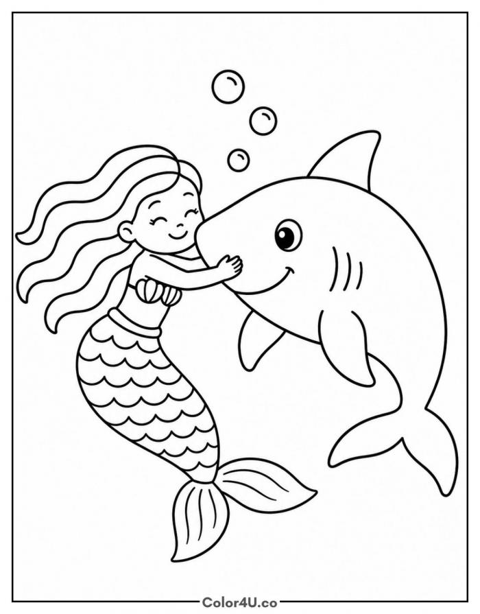 Mermaid hugging a smiling shark, medium mermaid coloring page, free printable