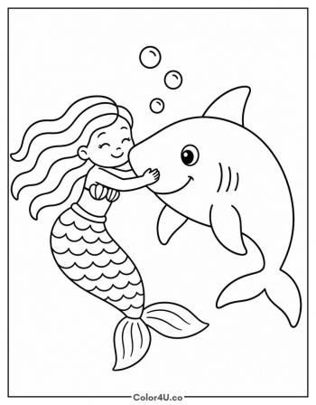 Mermaid and a Friendly Shark coloring page