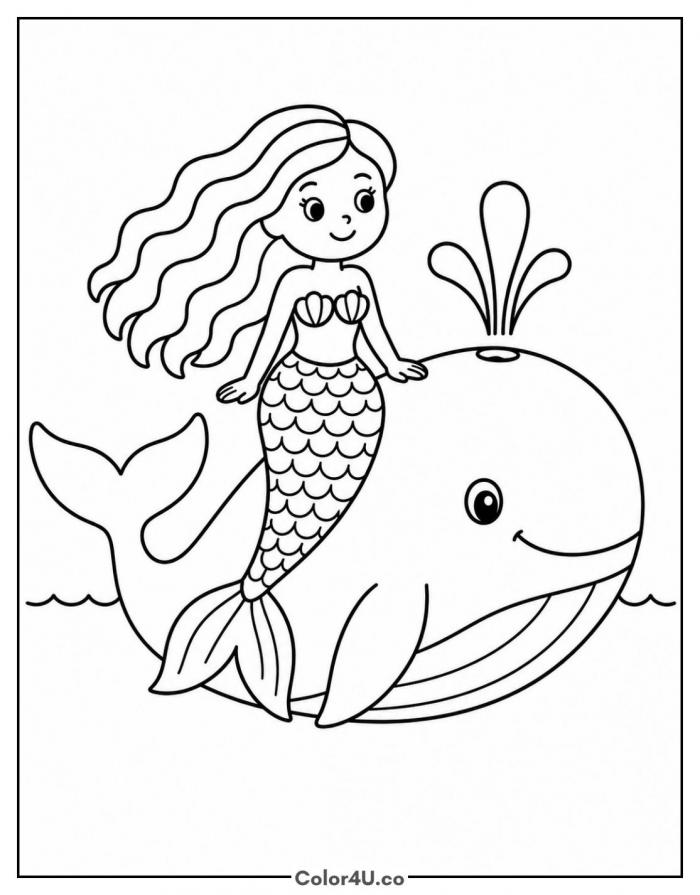 Mermaid riding a smiling whale, medium mermaid coloring page, free printable