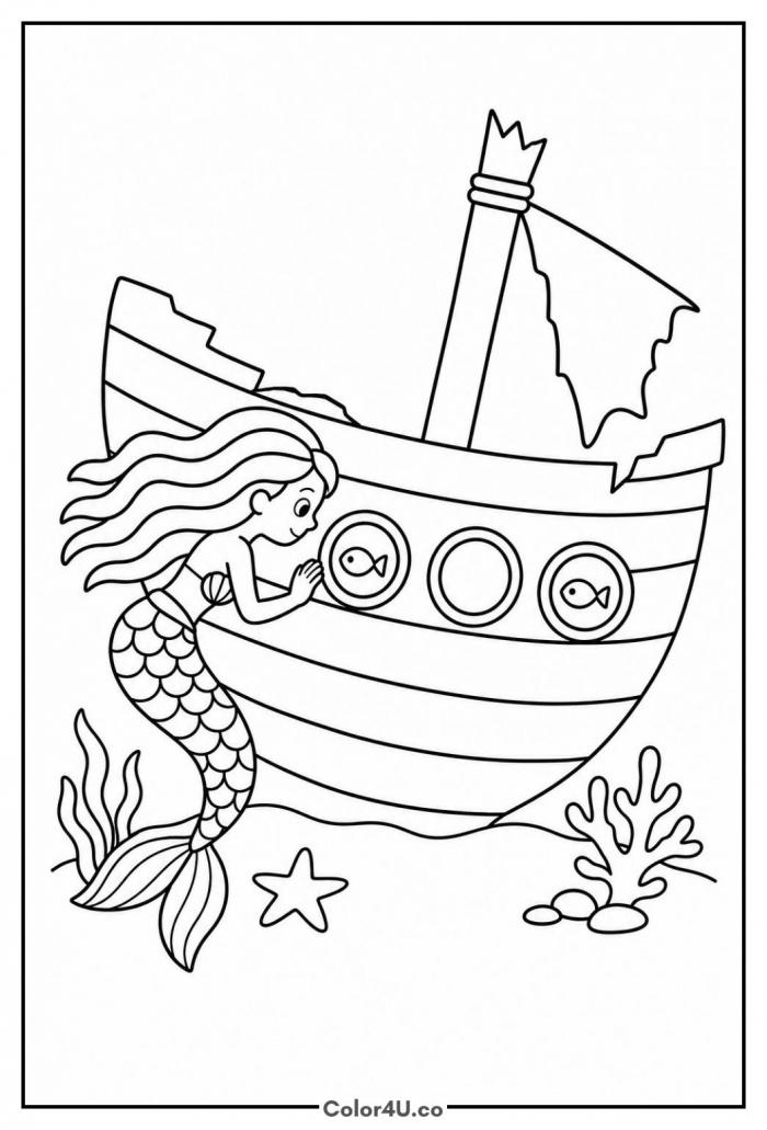 Mermaid exploring a sunken ship, medium mermaid coloring page, free printable