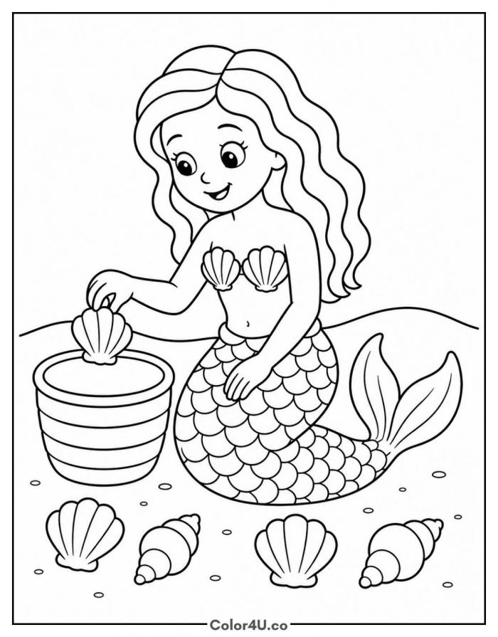 Mermaid collecting seashells in a basket, medium mermaid coloring page, free printable