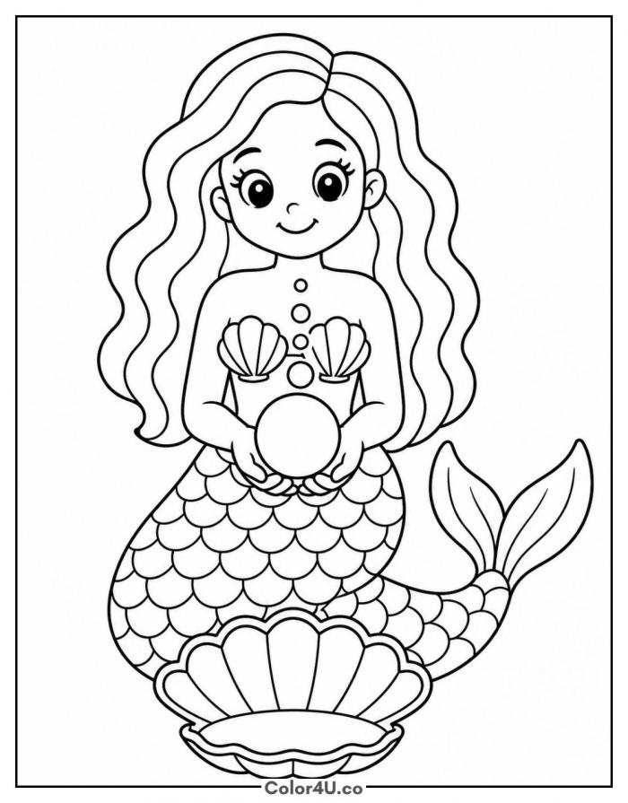 Mermaid holding a giant pearl, medium mermaid coloring page, free printable