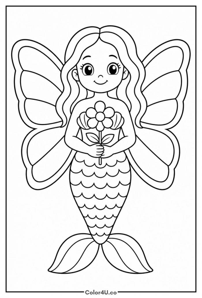 Mermaid with butterfly wings holding a flower, medium mermaid coloring page, free printable