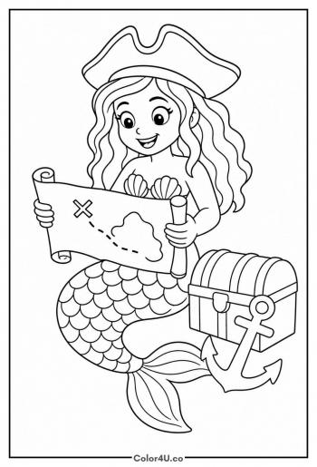 Pirate Mermaid with a Treasure Map coloring page