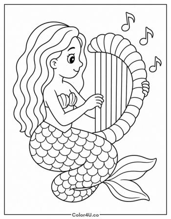 Mermaid Playing a Shell Harp coloring page