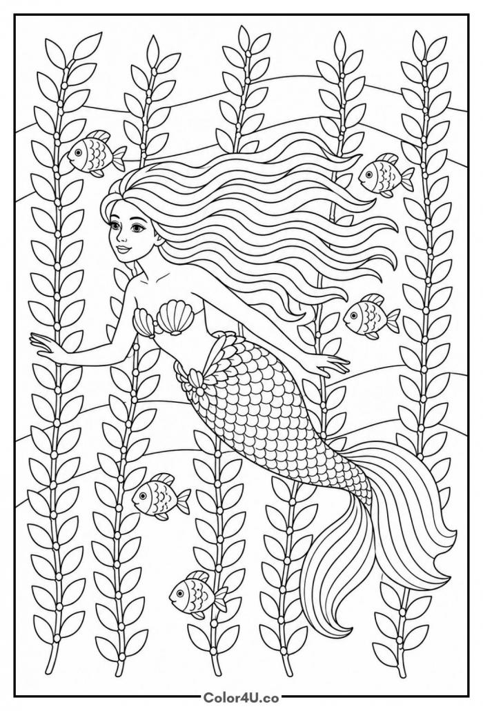 Mermaid swimming in a kelp forest, detailed mermaid coloring page, free printable