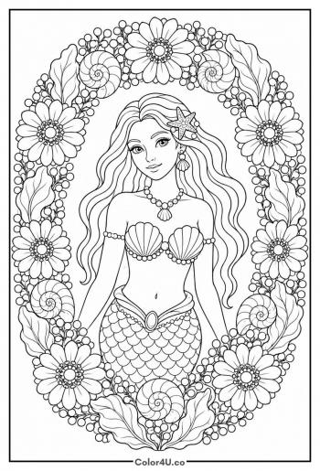 Mermaid in a Floral Frame coloring page