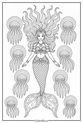 Mermaid Watching Glowing Jellyfish coloring page