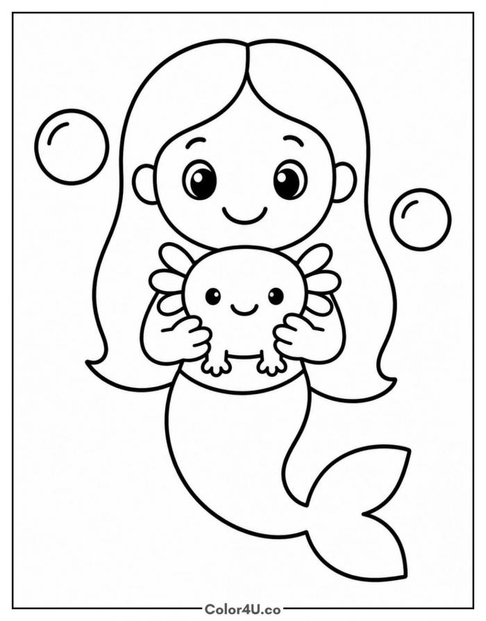 Mermaid holding a pink axolotl, easy mermaid coloring page, free printable