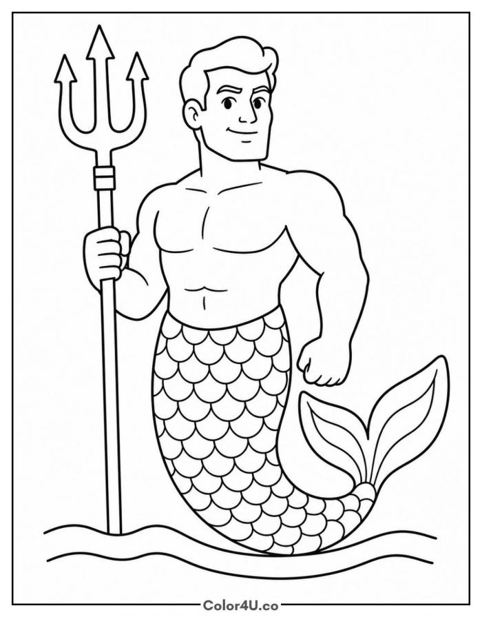 Merman holding a trident in the waves, medium mermaid coloring page, free printable