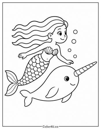 Mermaid and a Narwhal coloring page