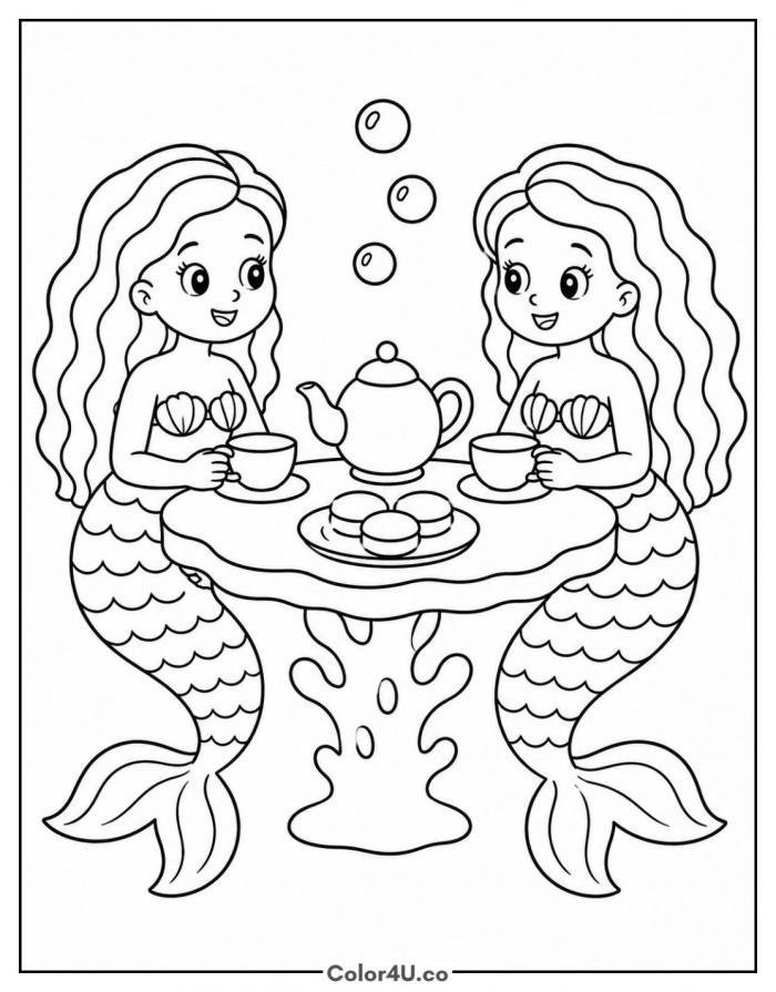 Two mermaids at a tea party table, medium mermaid coloring page, free printable
