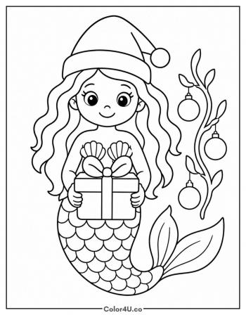 Christmas Mermaid with a Santa Hat coloring page